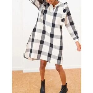 Tribe Alive Freya Ruffled Shirt Dress Medium Lined Check Plaid Black Cream